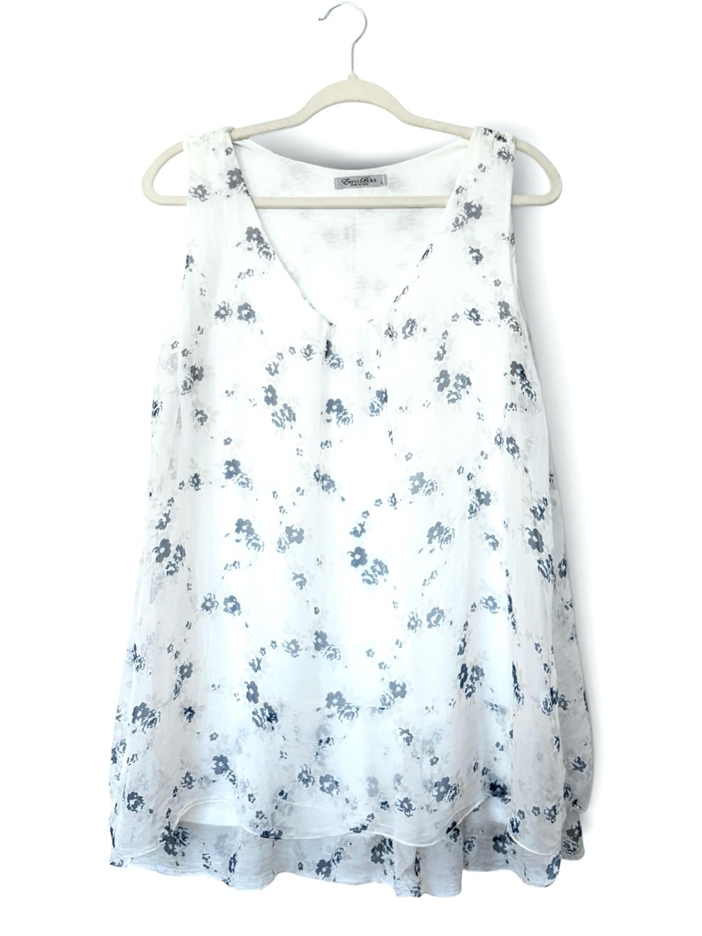 Silk Tank Top Flowy Layered in Blue Floral Print Size L